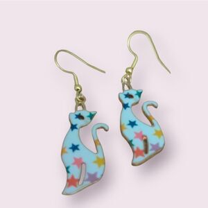 Cat Design Colorful Stars Pattern Kitty Earrings